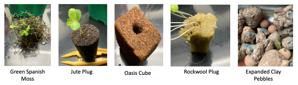 Image of five types of hydroponic media, also known as substrates